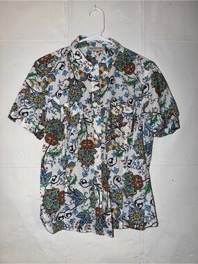 Jones New York White Short-Sleeve Floral Paisley Button-Down Shirt